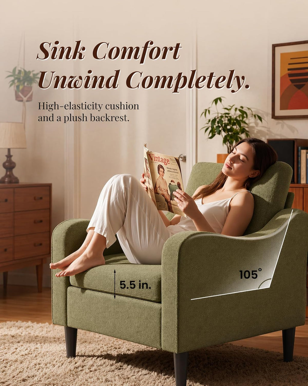 LEVELEVE Accent Arm Chair – Olive Green, Upholstered Scooped Comfy Reading Chair for Living Room, Bedroom, Apartment, Waiting Room