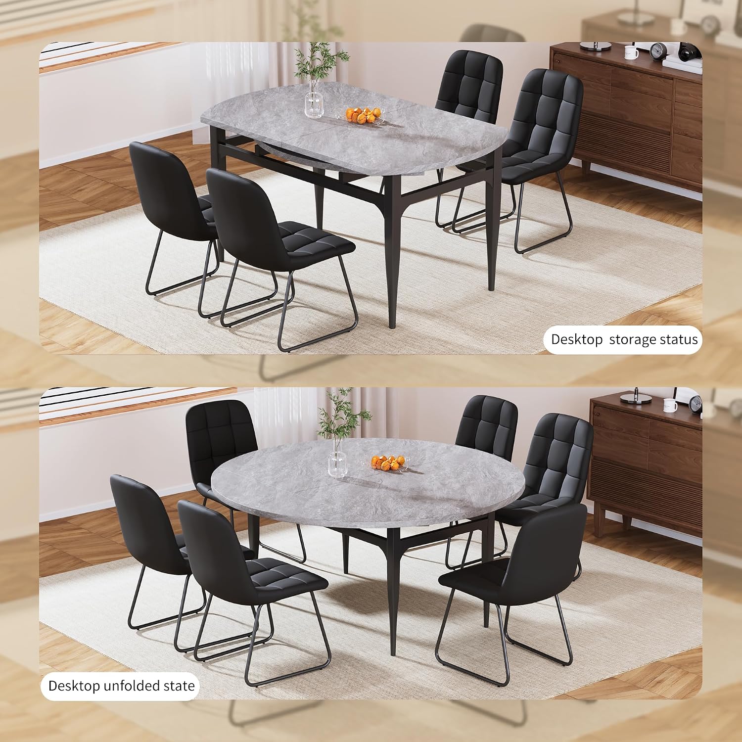 HIPIHOM Expandable Folding Dining Table Set, 55-Inch Round to Square Table with 6 Upholstered Chairs, Metal Frame, for Dining Room or Apartment (Round Table + 6 Black Modern Dining Chairs)