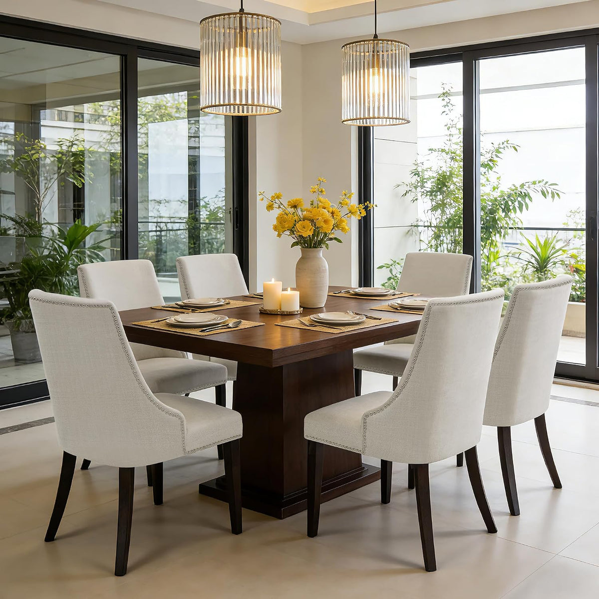 CHITA Farmhouse Dining Chairs with Nailhead Trim, Set of 2, Linen | Fabric High Back Dining Chairs, Upholstered Chairs with Sturdy Wood Frame for Dining Room