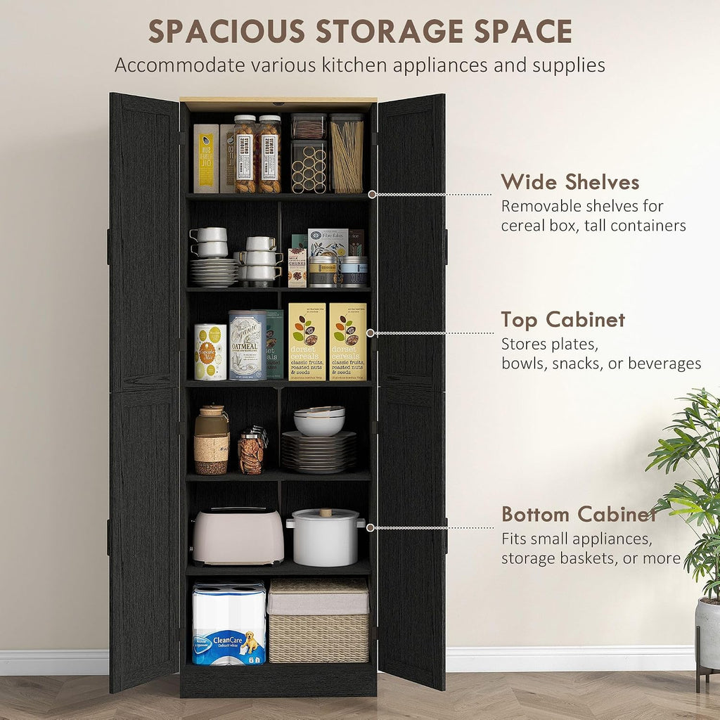 4-Door Mid-Century Freestanding Kitchen Pantry Cabinet with Full Adjustable Shelves, Distressed Black Finish and Classic Design