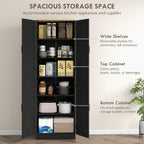 4-Door Mid-Century Freestanding Kitchen Pantry Cabinet with Full Adjustable Shelves, Distressed Black Finish and Classic Design