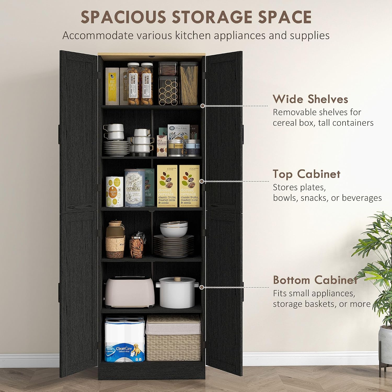 4-Door Mid-Century Freestanding Kitchen Pantry Cabinet with Full Adjustable Shelves, Distressed Black Finish and Classic Design