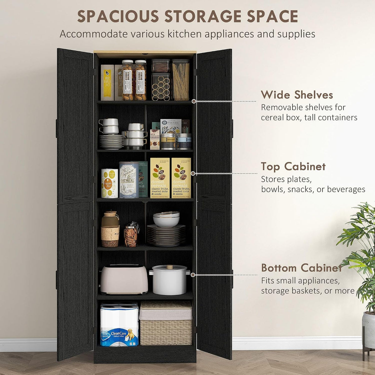 4-Door Industrial Freestanding Kitchen Pantry Cabinet with Multiple Adjustable Shelves, Distressed Black Finish and Sleek Design