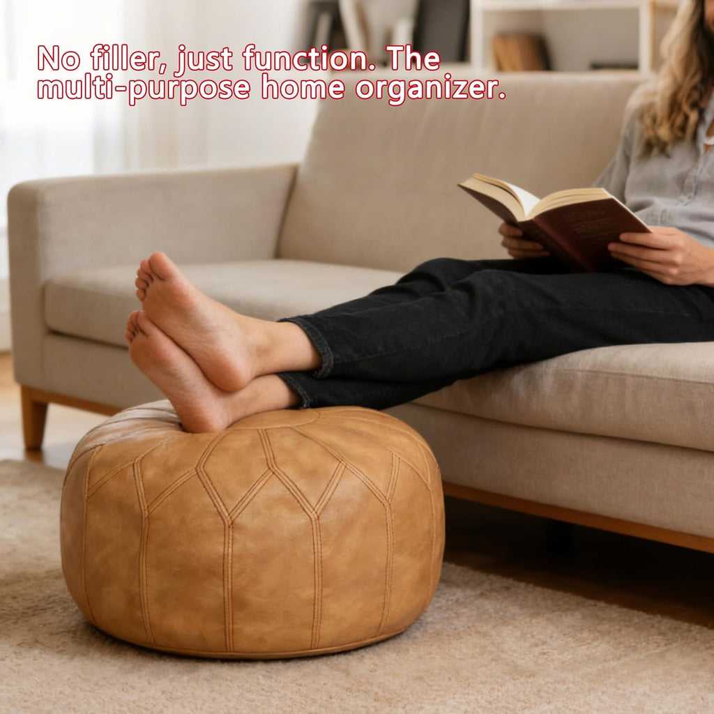 Thgonwid Unstuffed Moroccan Faux Leather Pouf Ottoman Cover with Storage - Boho Chic Multi-Use Footrest for Living Room, Bedroom, Patio - Round Ethnic Floor Cushion & Decorative Accent, Khaki