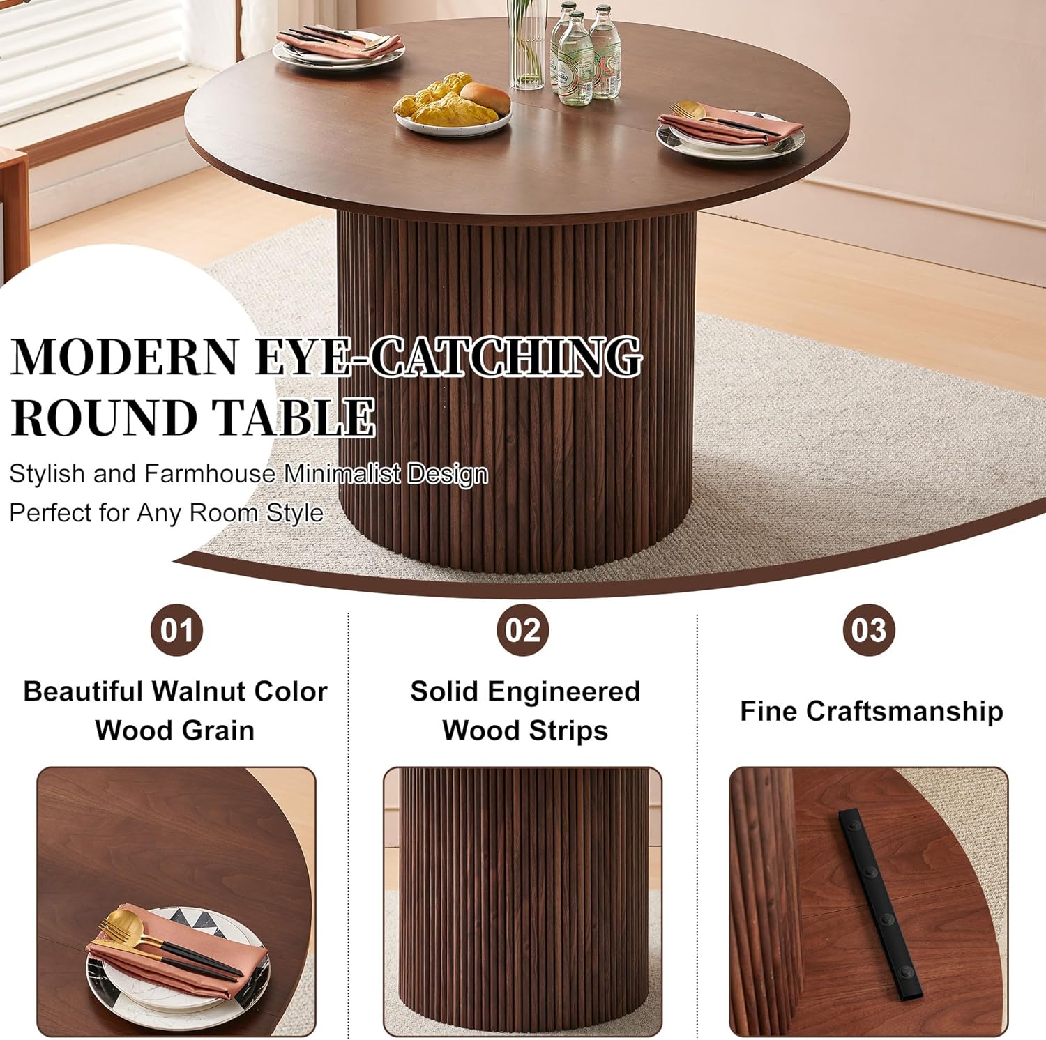 Homedot 5-Piece Round Dining Table Set for 4, 47-Inch Walnut Kitchen Table and Upholstered Chairs Set for Dining Room, Modern Circle Dinette Table Set with Black Barrel Dining Side Chairs Upholstered