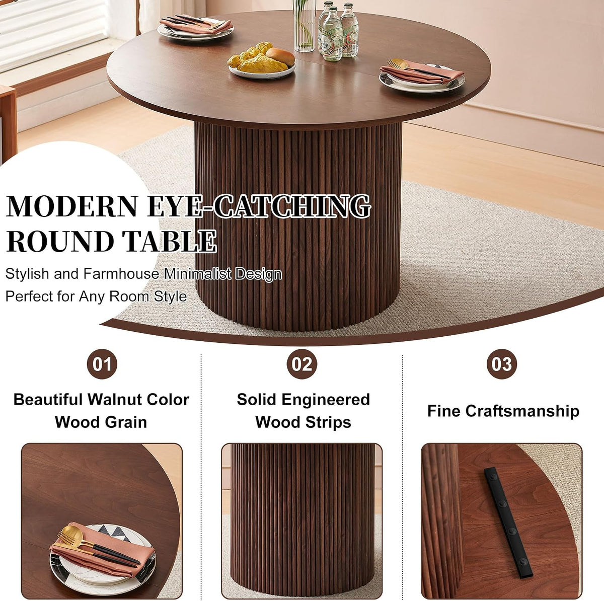 Homedot 47" Round Kitchen Dining Table Walnut for 4 with Veneer Tabletop | Farmhouse Dinner Table Fluted| Two-Part Tabletop| Rustic Circle Dining Table with Wooden Strip Base for Dining Living Room