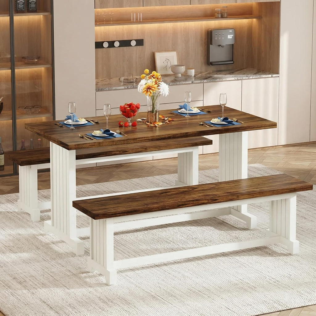Tribesigns 47" Dining Table Set for 4, 3-Piece Kitchen Room Table with 2 Benches, Farmhouse Wood Dinner Furniture for Small Space, Home Living Room, White & Rustic Brown