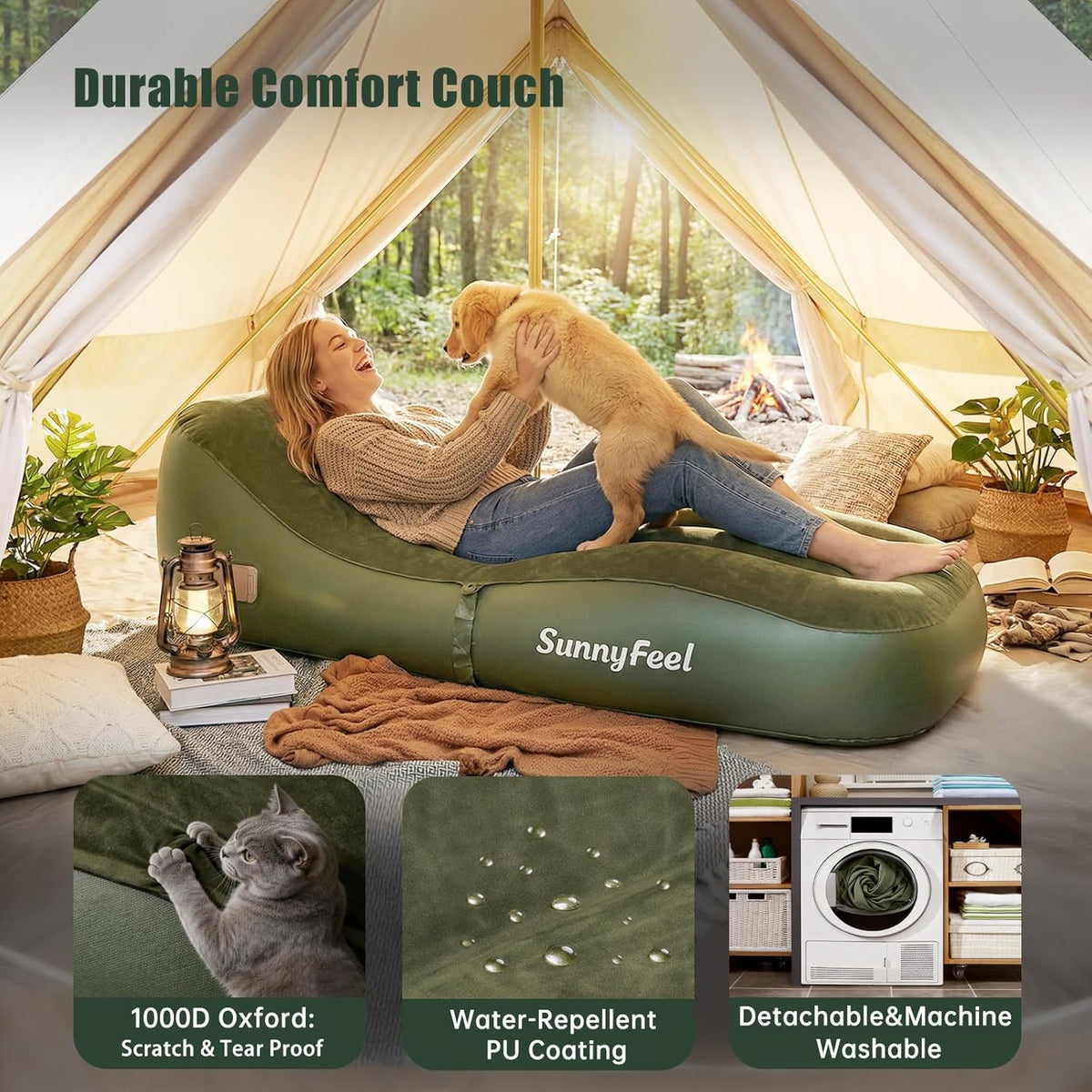 SUNNYFEEL Inflatable Lounger Couch with Built-in Pump, Heavy Duty PVC Flocked Inflatable Sofa Chair for Adults, Portable Air Lounger for Camping, Beach, Home & Outdoor, Army Green