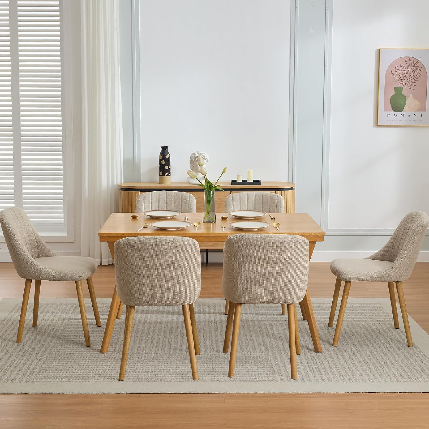Dining Chairs Set of 6,Modern Fabric Upholstered Kitchen Chairs with Solid Oak Legs,Weight Capacity 300lbs,Easy Clean Fabric,Ergonomic Curved Back (Beige 6PCS, Oversized)