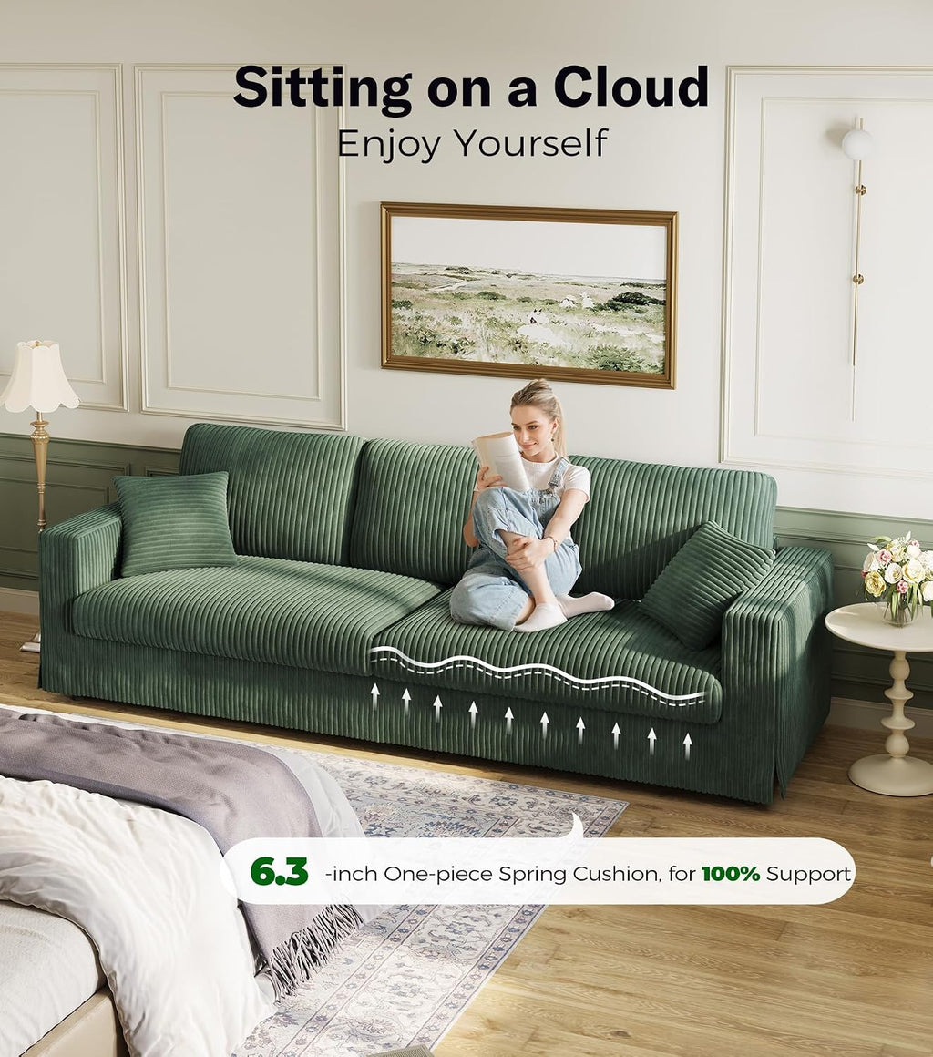 Welzona 101" Sofas for Living Room, Oversized Couch,Couches for Living Room | Comfy Corduroy Couch, Tool-Free Setup Sofa Couch, 6.3" Extra Wide Armrest, All-Wood Modern Couch For Bedroom, 2 Pillow, Green