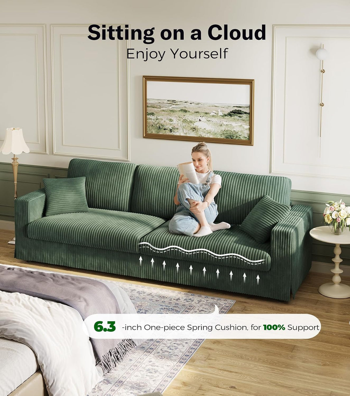 Welzona 101" Sofas for Living Room, Oversized Couch,Couches for Living Room | Comfy Corduroy Couch, Tool-Free Setup Sofa Couch, 6.3" Extra Wide Armrest, All-Wood Modern Couch For Bedroom, 2 Pillow, Green