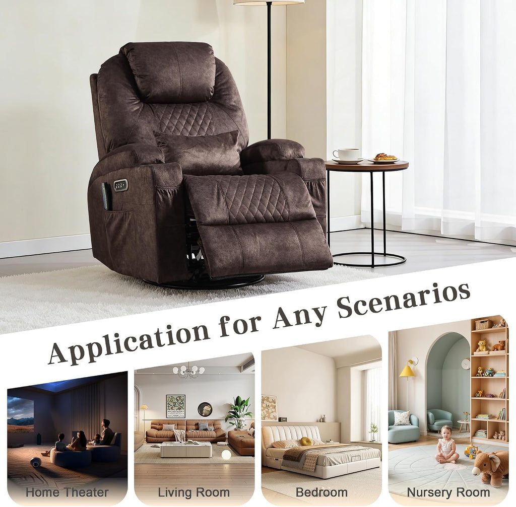 AHMED Dual Motor Power Swivel Rocker Recliner Chair, Velvet Brown | Electric Glider Rocking Chair, Massage & Heat, Cup Holders, LED Lights, USB A/USB C Ports