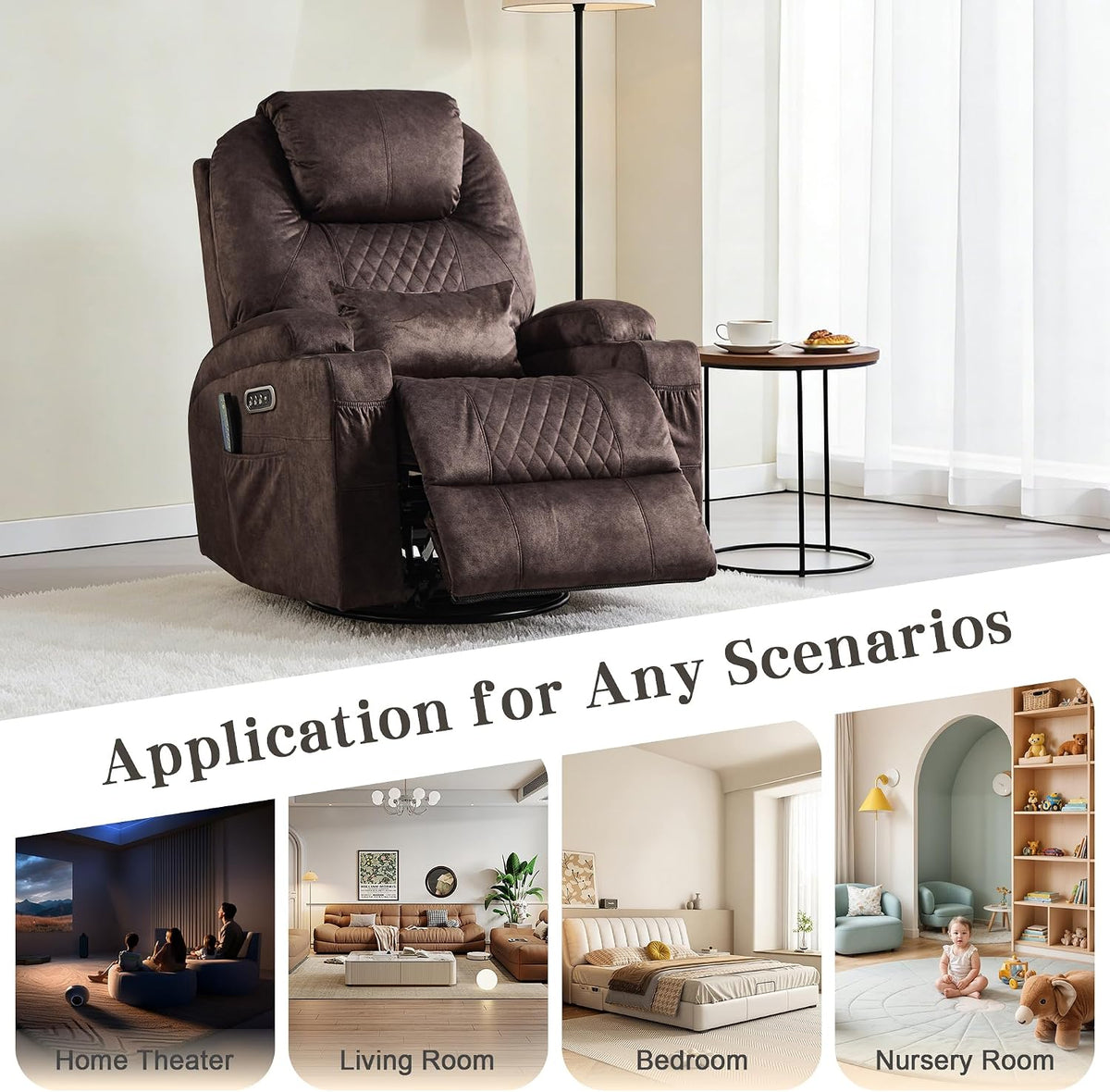 AHMED Dual Motor Power Swivel Rocker Recliner Chair, Velvet Brown | Electric Glider Rocking Chair, Massage & Heat, Cup Holders, LED Lights, USB A/USB C Ports