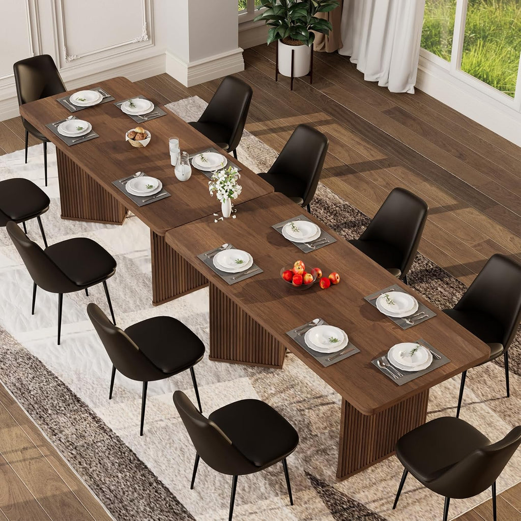 71 inch Rectangular Wood Dining Table for 6-8 People, Modern Fluted Pedestal Kitchen Table, Heavy Duty Waterproof Thickened Tabletop, Farmhouse Long Dinner Table for Home Restaurant, Walnut Brown