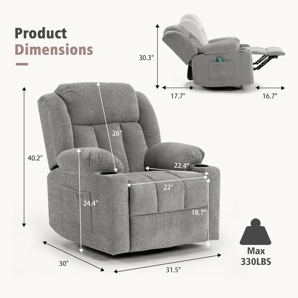 Ketaiyou Rocker Swivel Recliner Chair for Adults, Overstuffed Large Manual Recliner Glider with Massage and Heat, Comfy Soft Fabric Living Room Reclining Sofa Chair (Lime Gray1)
