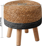 YMYNY Foot Stool, 12.6" Small Ottoman, Natural+Black,HBD027B | Natural Seagrass Hand Weave, Round Footrest, Non-Skid Wood Legs, Boho Style,for Living Room, Bedroom, Entryway