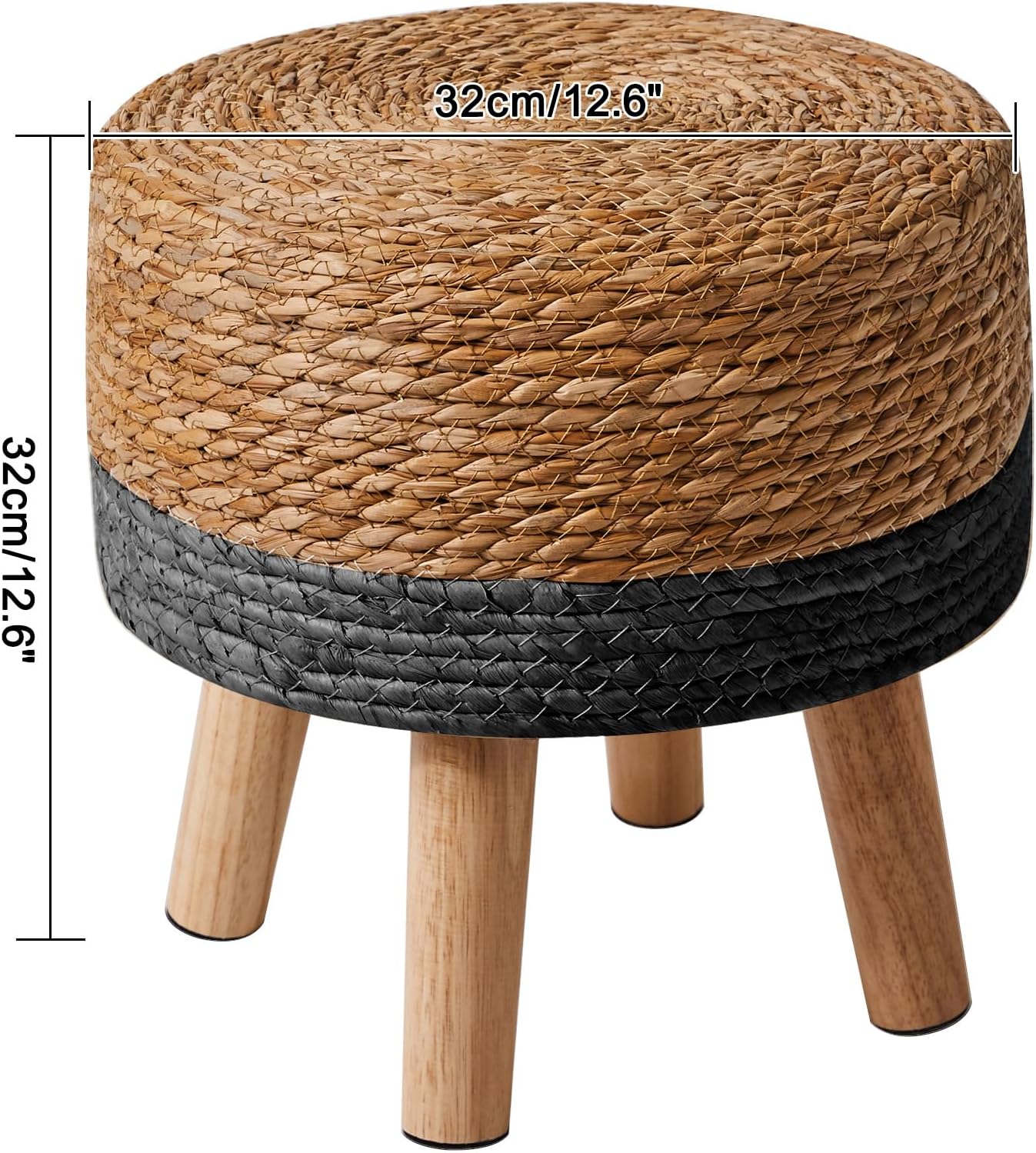 YMYNY Foot Stool, 12.6" Small Ottoman, Natural+Black,HBD027B | Natural Seagrass Hand Weave, Round Footrest, Non-Skid Wood Legs, Boho Style,for Living Room, Bedroom, Entryway