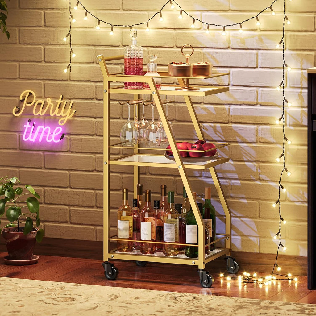 YATINEY Bar Cart, 3-Tier Home Bar Serving Cart with Wheels, Drink Cart with Glass Holder, Beverage Cart, Rolling Kitchen Cart, for Home, Living Room, Transparent and Gold BC03GD