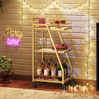 YATINEY Bar Cart, 3-Tier Home Bar Serving Cart with Wheels, Drink Cart with Glass Holder, Beverage Cart, Rolling Kitchen Cart, for Home, Living Room, Transparent and Gold BC03GD