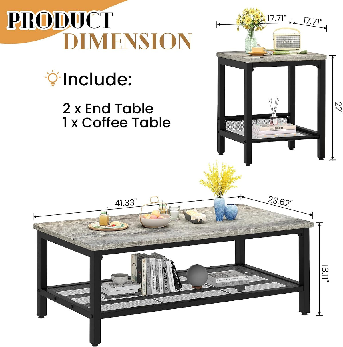Recaceik 3-Piece Living Room Coffee Table Set, Industrial Coffee Table with 2 Square End Side Tables, Modern Living Room Table Set with Metal Frame for Apartment Home Office (Grey)