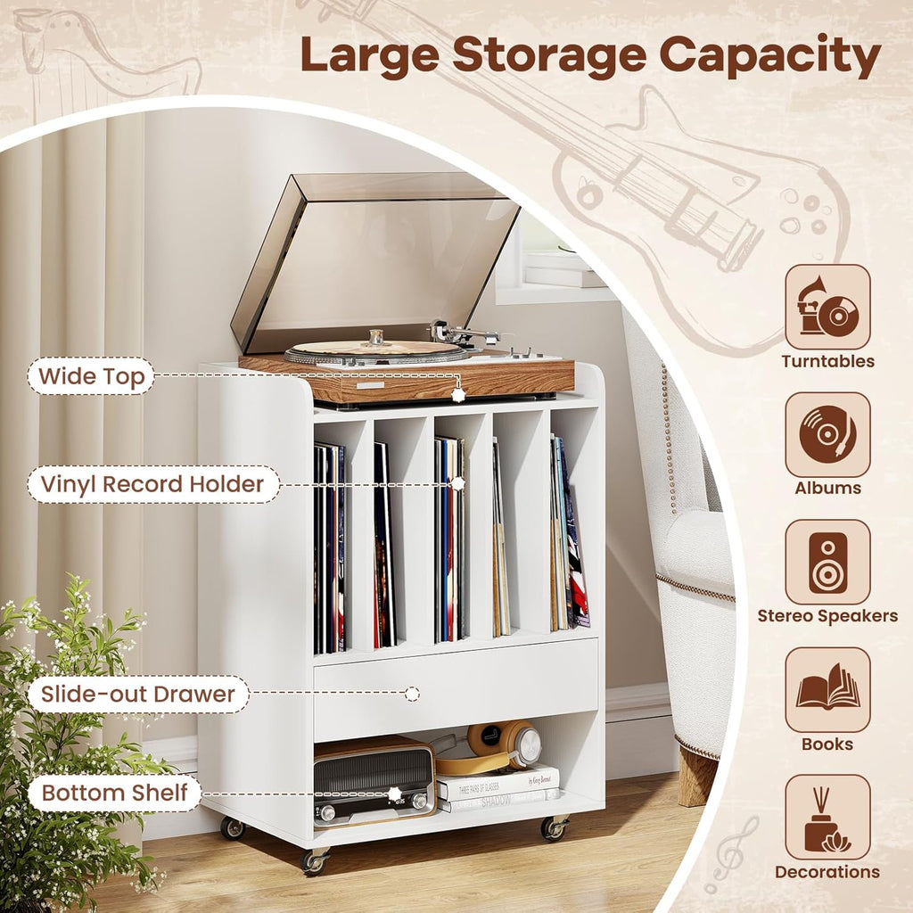 Giantex Record Player Stand, Rolling Turntable Stand with Drawer & Lockable Wheels, Record Player Table Holds Up to 150 Albums, Vinyl Record Storage for Living Room Bedroom, White