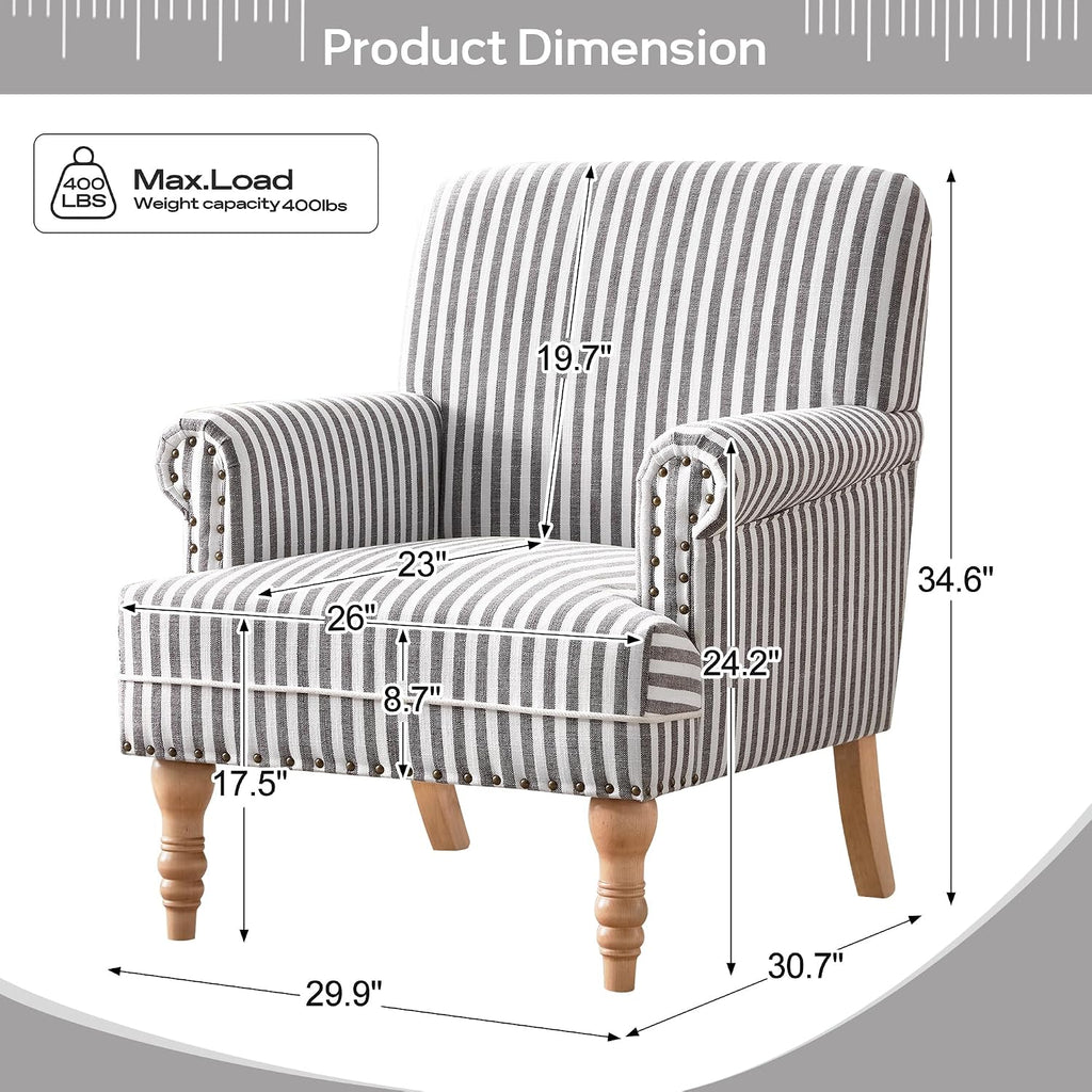 HUIMO Linen Fabric Accent Chair, Mid-Century Modern Upholstered Armchair with Solid Wood Legs, Comfy Reading Club Chair for Living Room Bedroom (1, Dark Grey and White Stripe)