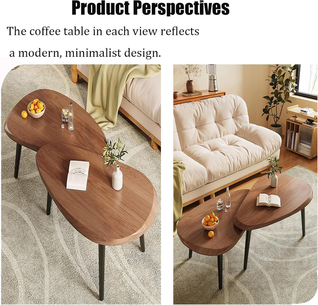 Nesting Coffee Tables Set of 2, Mid Century Modern Center Table,Wood Table top and Metal Support, Irregular Accent Table for Living Room