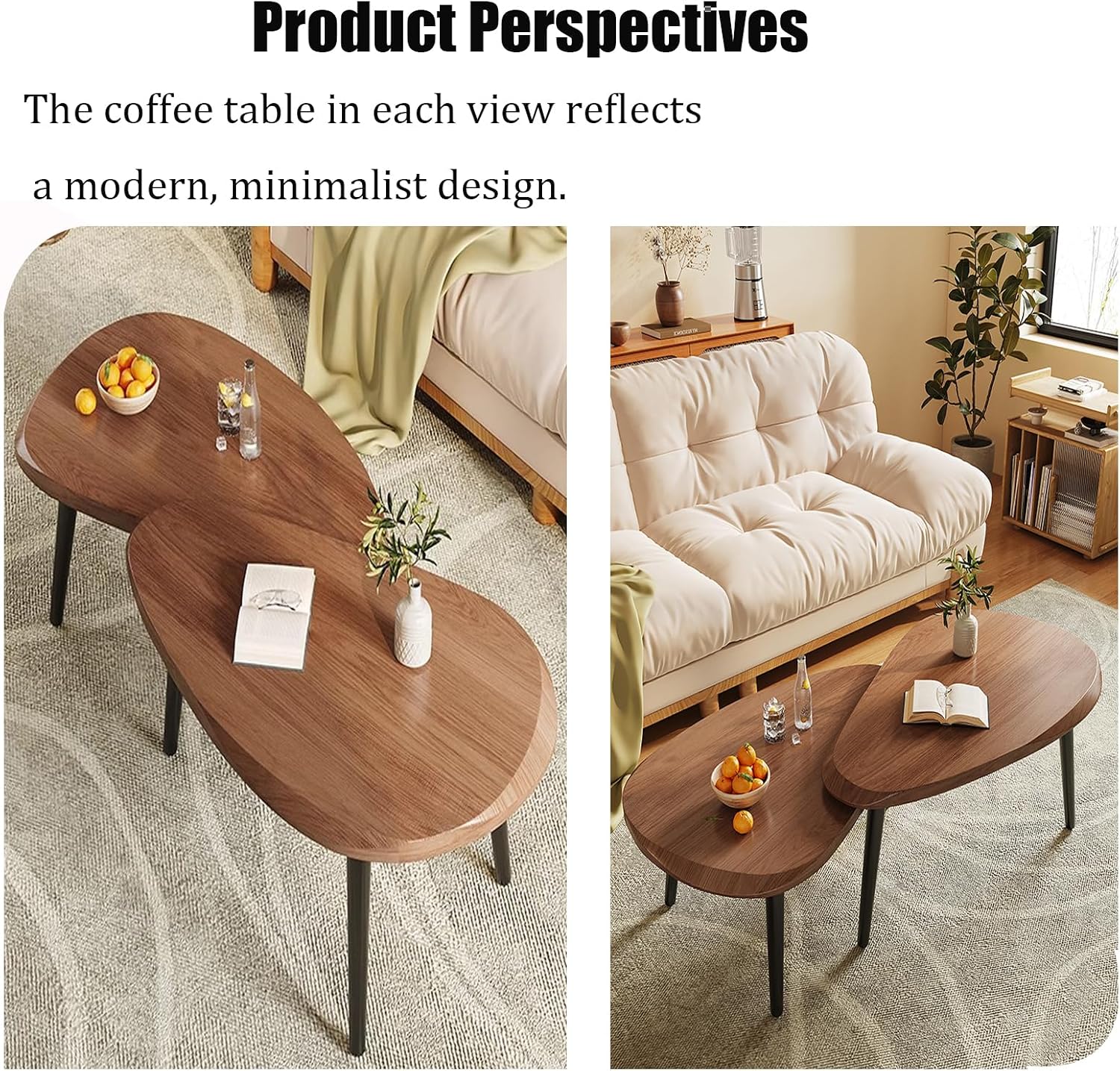Nesting Coffee Tables Set of 2, Mid Century Modern Center Table,Wood Table top and Metal Support, Irregular Accent Table for Living Room
