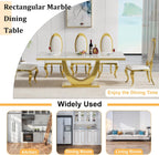 70" White Marble Dining Table, Luxury Kitchen Table for 6 8, Large Rectangular Dinner Table with U Shaped Gold Stainless Steel Pedestal, Mid Century Modern Dining Table for Kitchen Dining Room