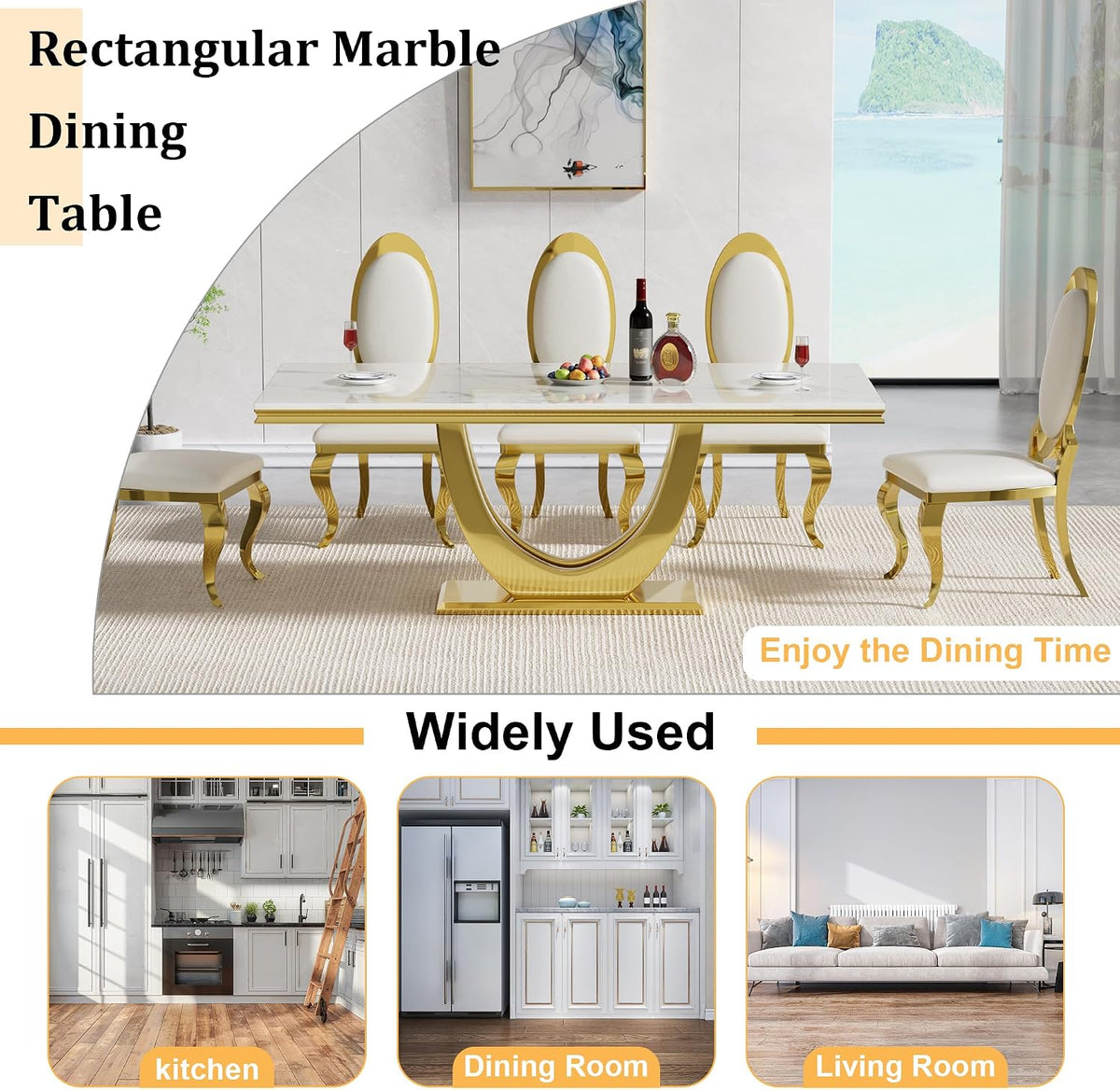 70" White Marble Dining Table, Luxury Kitchen Table for 6 8, Large Rectangular Dinner Table with U Shaped Gold Stainless Steel Pedestal, Mid Century Modern Dining Table for Kitchen Dining Room
