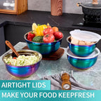 MEADLY Colorful Mixing Salad Bowls With Lids Set of 4, Stainless Steel Nesting Bowl with white Lid,Dishwasher Safe,Home kitchen Mixing Prepping Storing Serving,size of 5.5,3.6,2.1,1.5,Qt