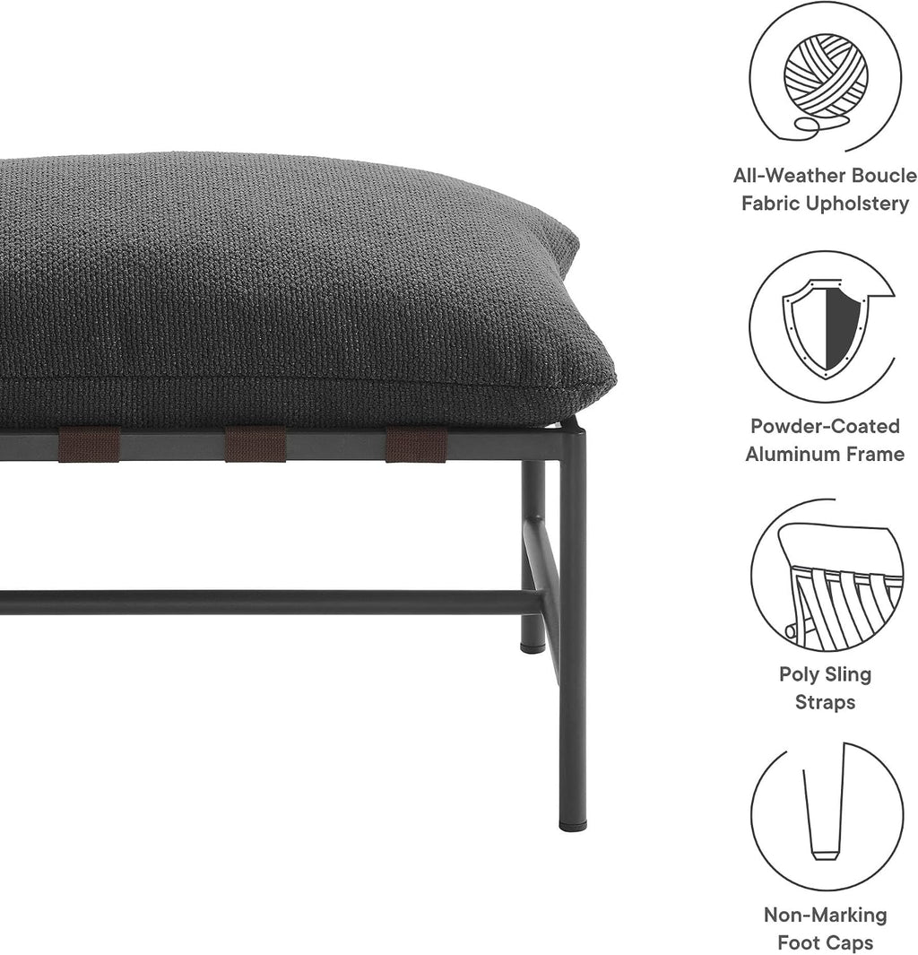 Modway Raya Outdoor Boucle Ottoman in Charcoal - Patio Sitting Stool Ottoman - Metal Frame Footrest with Removable Boucle Cushion for Porch, Deck, Backyard