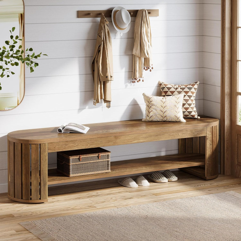 Tribesigns 63" Wooden Entryway Bench with Shoe Storage, Long 2-Tier Narrow Shoe Bench with Arc Vertical Slat Splicing Legs, End of Bed Stool for Bedroom, Entrance, Living Room (Brown)