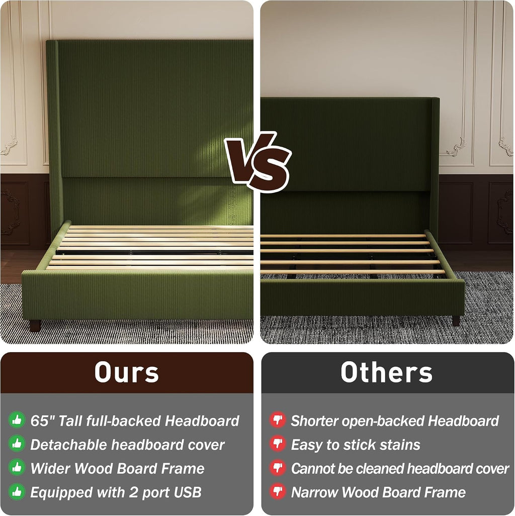 Queen Size Corduroy Upholstered Bed Frame with 65" Tall Headboard,USB Charging Station,Soft Washable Corduroy Cover with Wingback Headboard, Solid Wood Legs/Noise-Free/No Box Spring Needed/Green