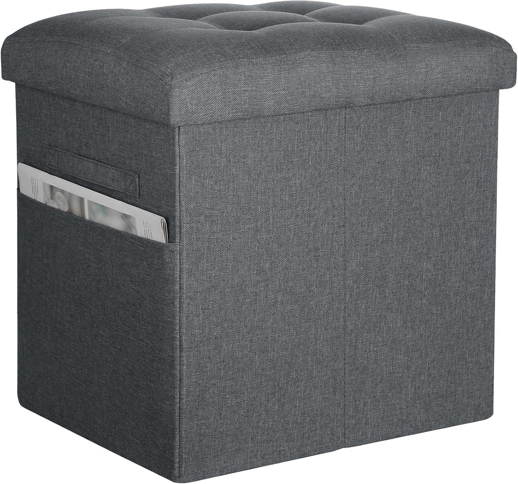 Storage Ottoman, Upgraded 17" High Foot Stools Ottoman for Dorm, Dark Gray | Folding Linen Foot Rest with Thicker Foam Padded Seat. Small Ottoman for Living Room with Side Pocket & Handles, 17x13x17in
