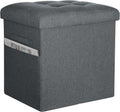 Storage Ottoman, Upgraded 17" High Foot Stools Ottoman for Dorm, Dark Gray | Folding Linen Foot Rest with Thicker Foam Padded Seat. Small Ottoman for Living Room with Side Pocket & Handles, 17x13x17in