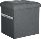 Storage Ottoman, Upgraded 17" High Foot Stools Ottoman for Dorm, Dark Gray | Folding Linen Foot Rest with Thicker Foam Padded Seat. Small Ottoman for Living Room with Side Pocket & Handles, 17x13x17in