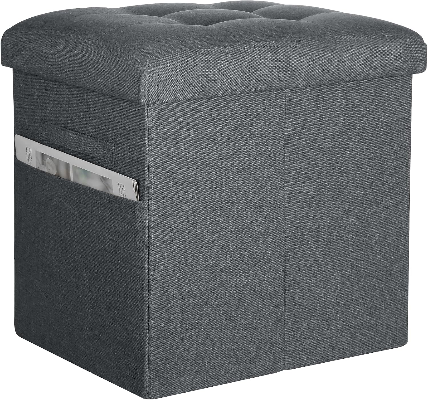 Storage Ottoman, Upgraded 17" High Foot Stools Ottoman for Dorm, Dark Gray | Folding Linen Foot Rest with Thicker Foam Padded Seat. Small Ottoman for Living Room with Side Pocket & Handles, 17x13x17in