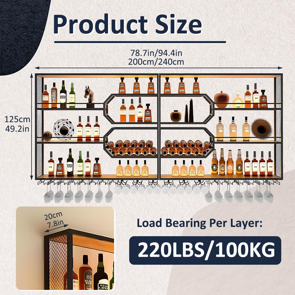 Large Liquor Shelf, Solid Wood Wall Mounted Wine Rack with Glass Holder & LED Light, 3-Tier Floating Bar Shelves, for Home Bar Kitchen, Living Room, Black,94 * 8 * 49in
