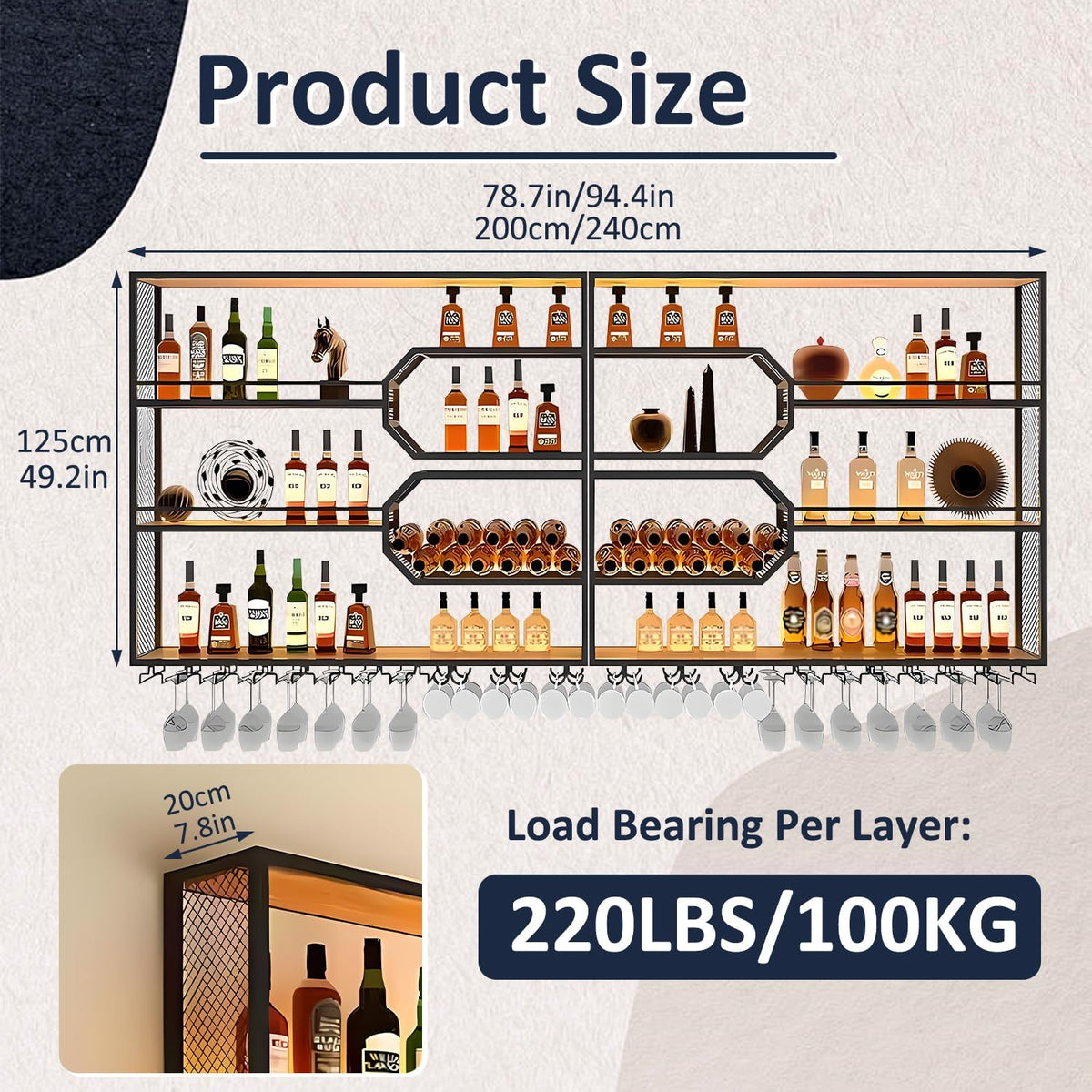 Large Liquor Shelf, Solid Wood Wall Mounted Wine Rack with Glass Holder & LED Light, 3-Tier Floating Bar Shelves, for Home Bar Kitchen, Living Room, Black,94 * 8 * 49in