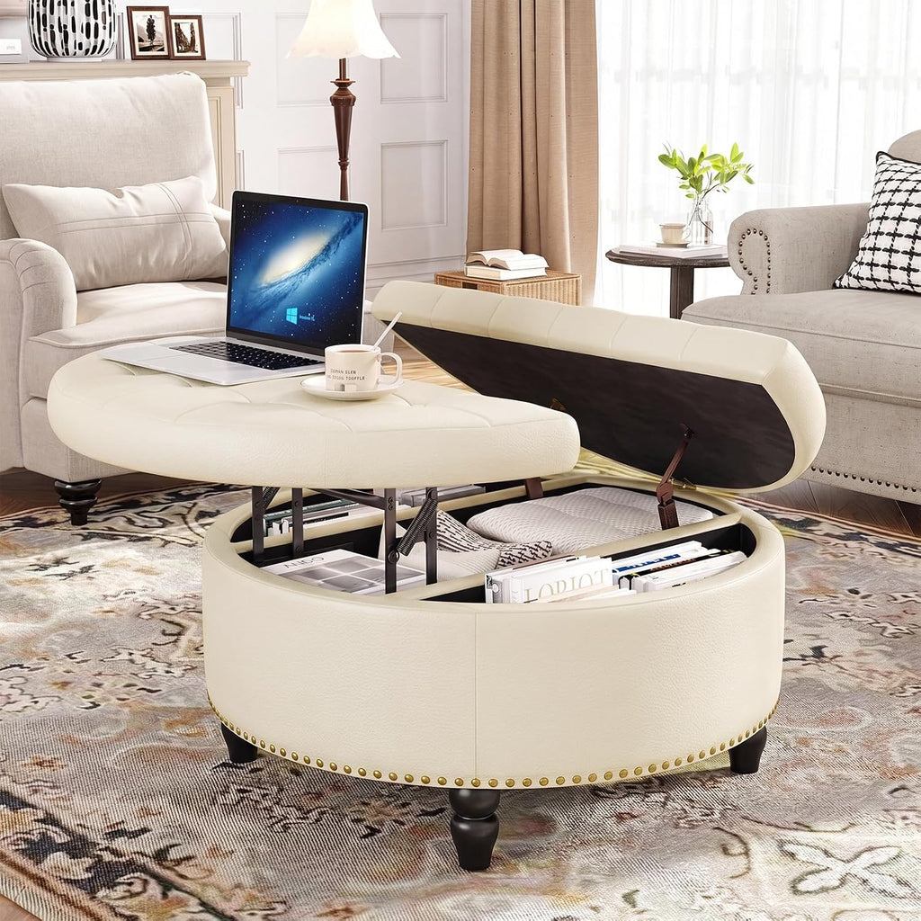FiveWillowise 31.5" Large Round Ottoman with Storage Circular,Cream White | Leather Coffee Table with Lift Top,Modern Upholstered Button Tufted Footrest Stool Solid Wood Legs for Living Room,Bedroom