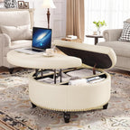 FiveWillowise 31.5" Large Round Ottoman with Storage Circular,Cream White | Leather Coffee Table with Lift Top,Modern Upholstered Button Tufted Footrest Stool Solid Wood Legs for Living Room,Bedroom