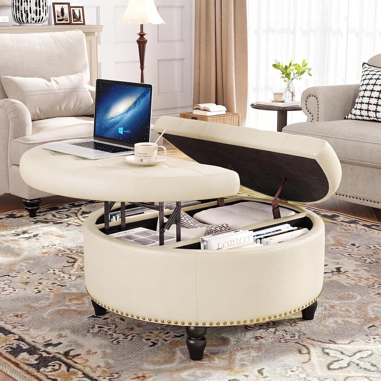 FiveWillowise 31.5" Large Round Ottoman with Storage Circular,Cream White | Leather Coffee Table with Lift Top,Modern Upholstered Button Tufted Footrest Stool Solid Wood Legs for Living Room,Bedroom