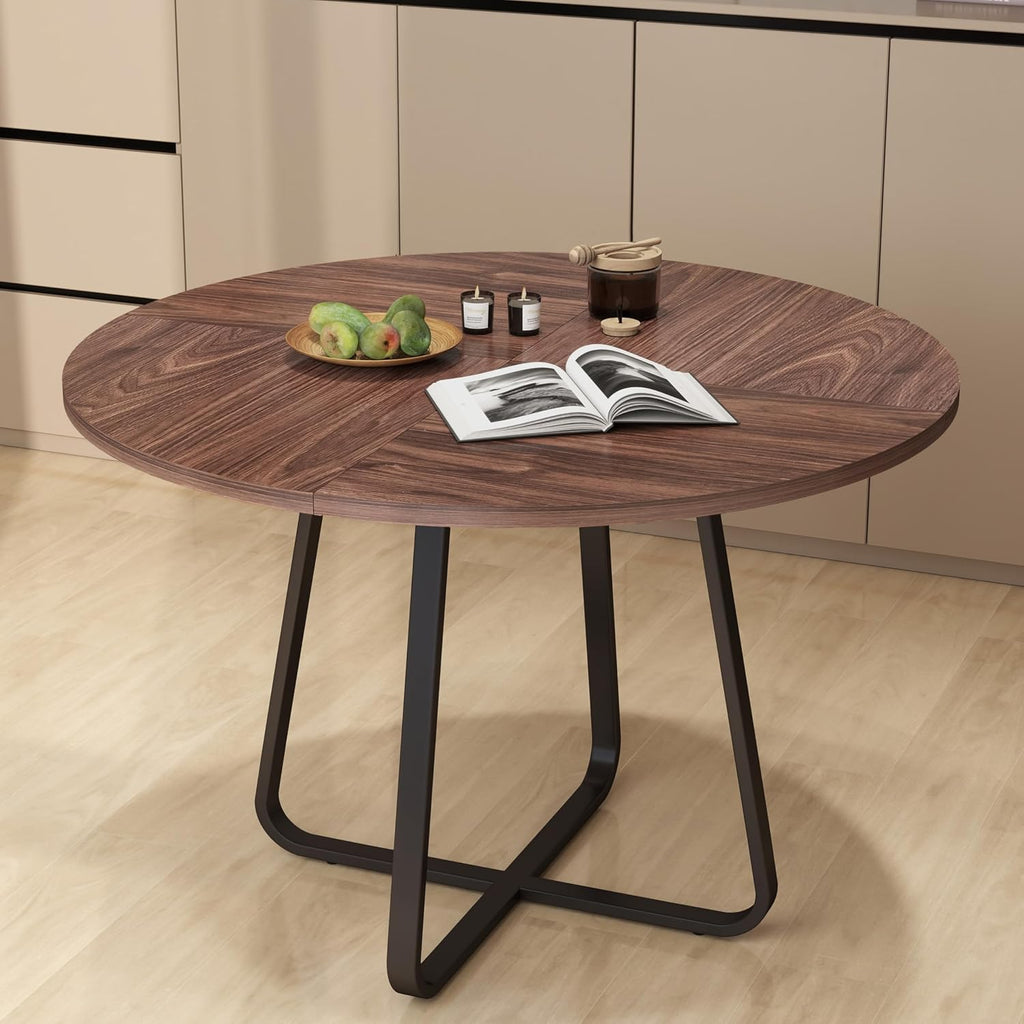 43.31'' Round Dining Table, Wood Kitchen Table with Metal X-Shaped Base, Kitchen Dining Room Circle Dinner Pedestal Table, Space Saving Industrial Circle Coffee Table for Home Living Room Furniture