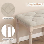 GOFLAME 47.5” Upholstered Bedroom Bench, French Tufted End of Bed Bench with Antiqued Legs, Rubber Wood Frame, Farmhouse Entryway Bench with Cushion, Dining Bench for Bedroom, Living Room, Hallway