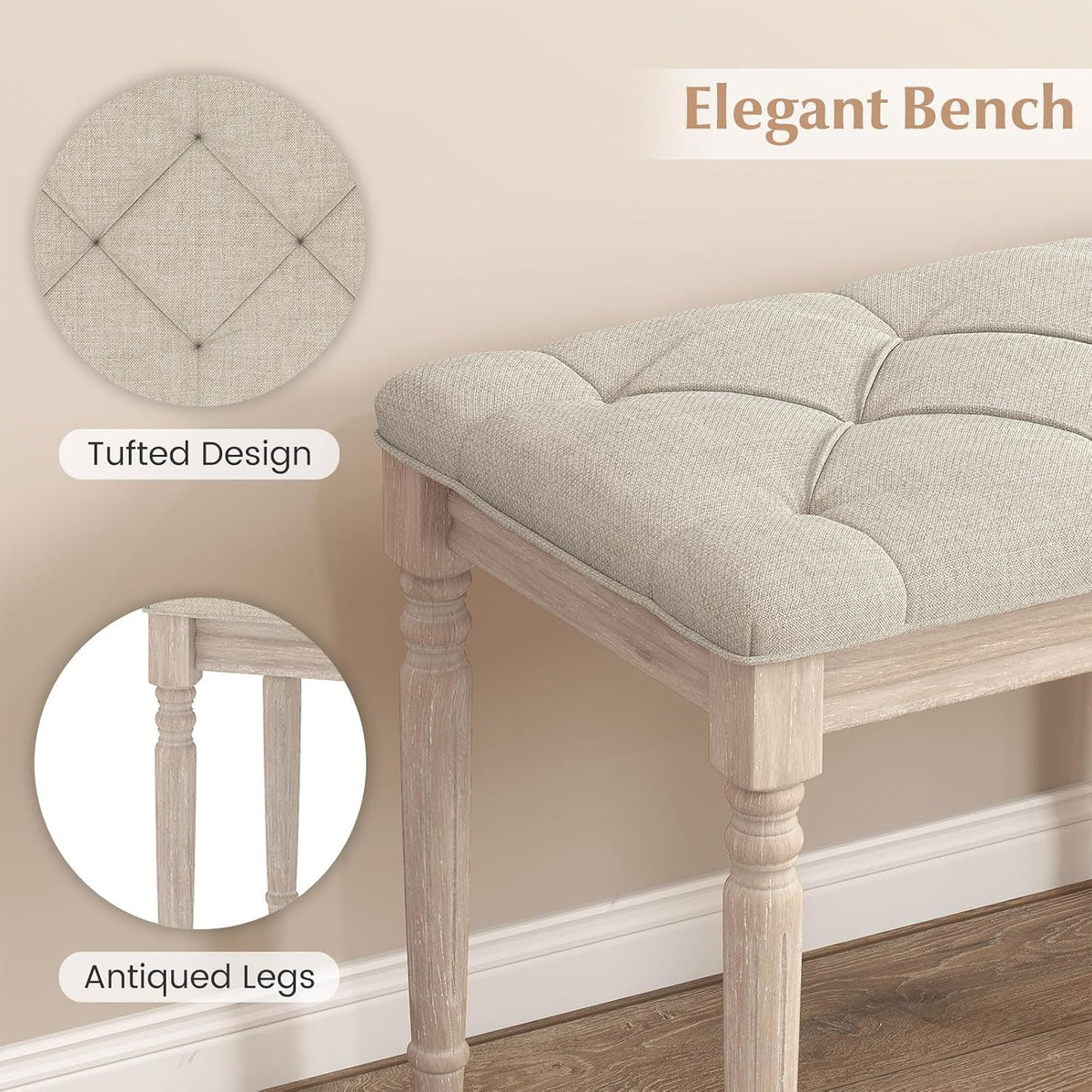 GOFLAME 47.5” Upholstered Bedroom Bench, French Tufted End of Bed Bench with Antiqued Legs, Rubber Wood Frame, Farmhouse Entryway Bench with Cushion, Dining Bench for Bedroom, Living Room, Hallway