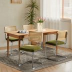 Rattan Dining Chairs Set of 4,Upholstered Mid-Century Modern Dining Room Chairs with Cane Backrest,Retro Velvet Kitchen Chairs with Stainless Chrome Base,Green