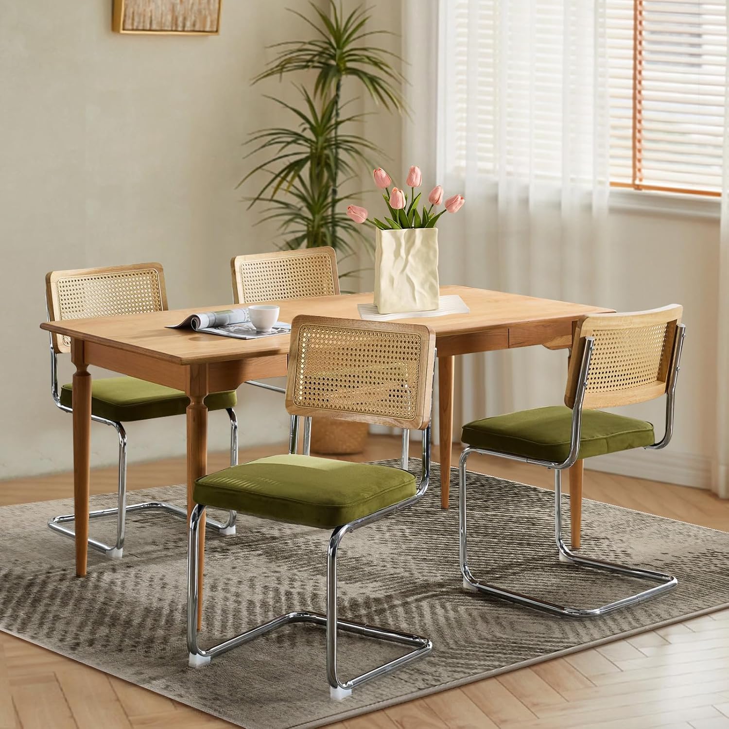 Rattan Dining Chairs Set of 4,Upholstered Mid-Century Modern Dining Room Chairs with Cane Backrest,Retro Velvet Kitchen Chairs with Stainless Chrome Base,Green