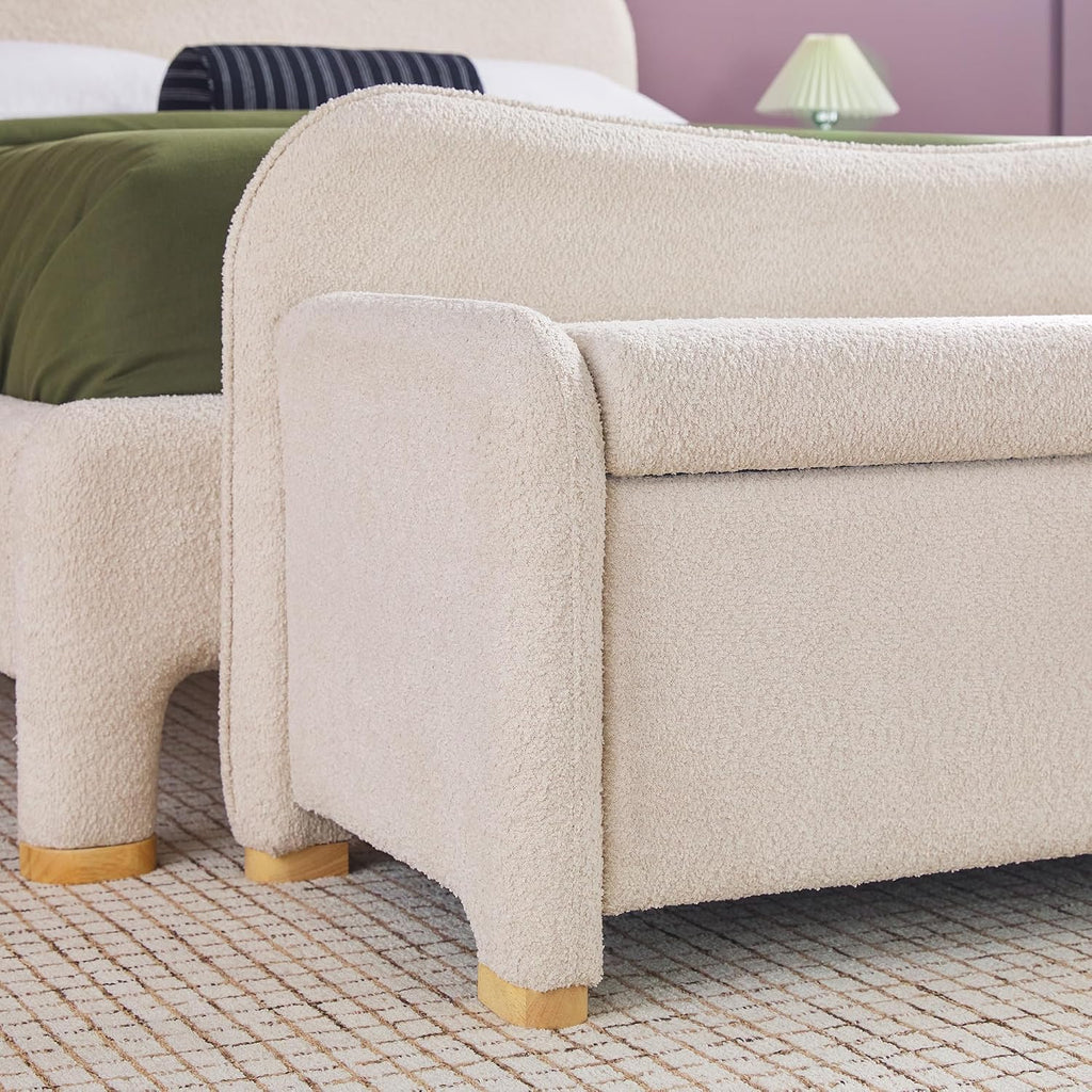 Walker Edison Chantelle Modern Contemporary Curved Upholstered Bench with Storage, 56 Inch, Ivory Bouclé