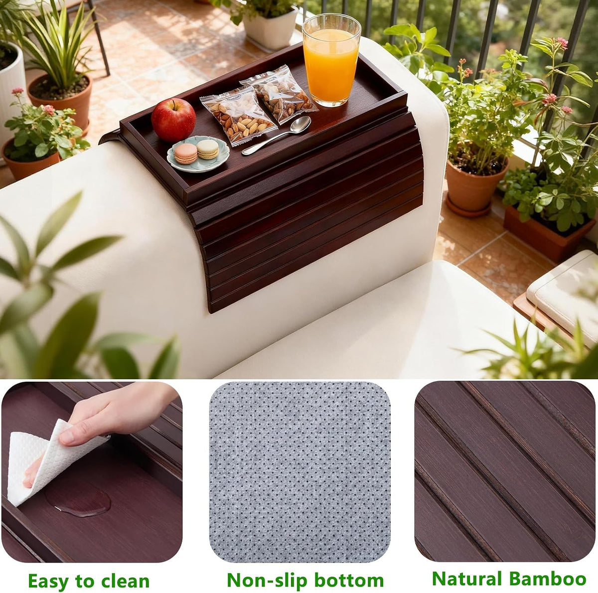 Bamboo Couch Arm Tray Table, Foldable Sofa Rest with Non-Slip Base Portable Armchair Cup Phone Holder for Drinks, Remote, Snacks Fits Most Recliners Couches, Easy-Clean Surface(Mahogany)